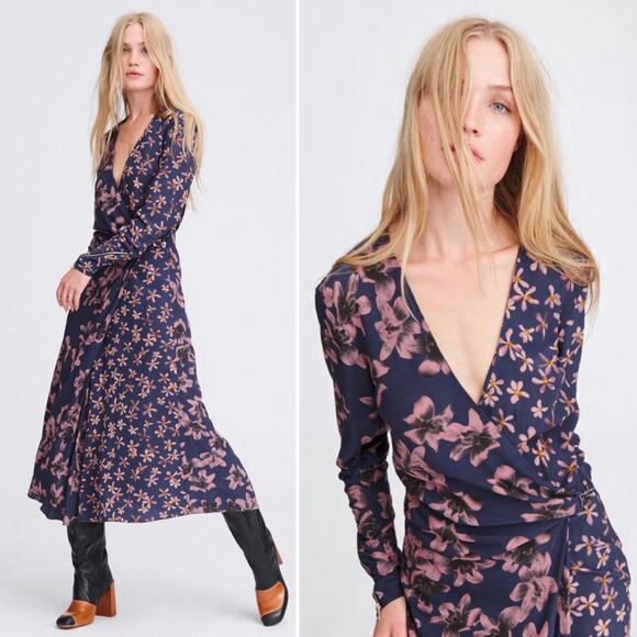 Rag & Bone Odette V Neck Long Sleeve Blue Floral Wrap Midi Dress US 2 - Picture 1 of 12